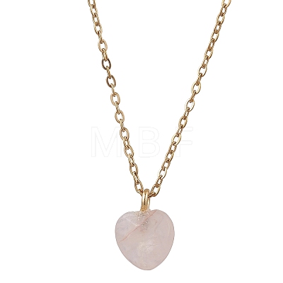 Natural Rose Quartz Heart Pendant 304 Stainless Steel Cable Chain Necklaces for Women NJEW-JN05796-02-1