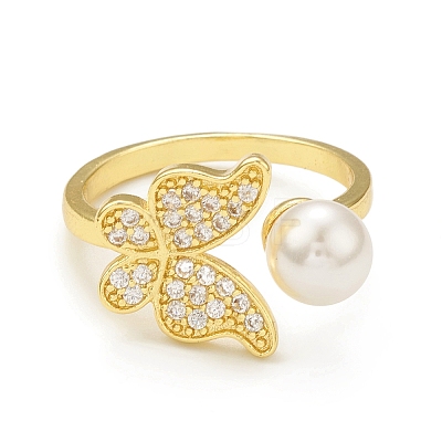 Clear Cubic Zirconia Butterfly with Plastic Pearl Beaded Open Cuff Ring RJEW-C047-05G-1