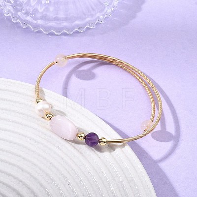 Round & Oval Natural Kunzite & Amethyst & Rose Quartz & Cultured Freshwater Pearl & Non-magnetic Synthetic Hematite Beaded Bangles BJEW-JB14080-02-1