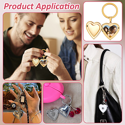 4Pcs 316 Stainless Steel Heart Locket Pendant Keychains KEYC-PH01620-1