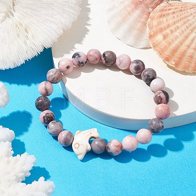 Synthetic Turquoise Dolphin Beads with Natural Pink Zebra Jasper Beaded Stretch Bracelets BJEW-JB10213-05-1