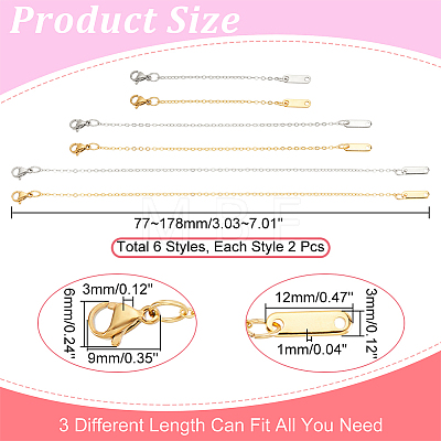 12Pcs 6 Style Brass & 304 Stainless Steel Cable Chains Extender FIND-DC0001-89-1