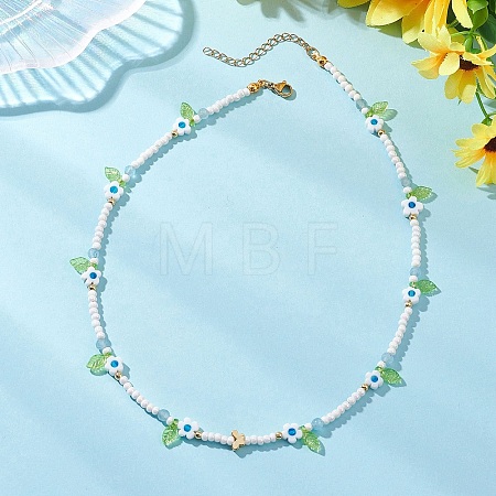 Faceted Round Dyed Natural White Jade & Flower Handmade Millefiori Glass & Glass Seed Beaded Necklaces for Women NJEW-MZ00150-03-1