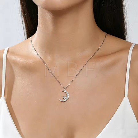304 Stainless Steel Crystal Rhinestone Moon with Star Pendant Necklaces for Unisex WGDDE1C-01-1