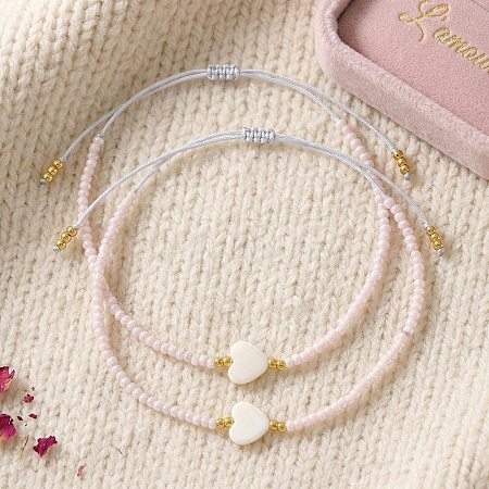 Adjustable Heart Natural Shell & Glass Seed Beaded Braided Bracelet Sets NT9181-2-1