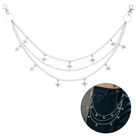 Iron & Brass Star Tassel 3 Layer Pants Chains for Jeans with Alloy Swivel Lobster Claw Clasps HJEW-YW00426-1