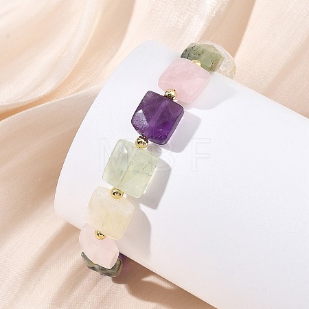 Square Natural Rose Quartz & Quartz Crystal & Citrine & Peridot & Amethyst Beaded Bracelets for Women BJEW-JB13782-1
