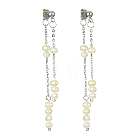 Natural Pearl Beaded Tassel Dangle Stud Earrings EJEW-JE05514-02-1