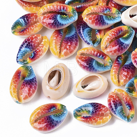Printed Natural Cowrie Shell Beads X-SSHEL-R047-01-D02-1