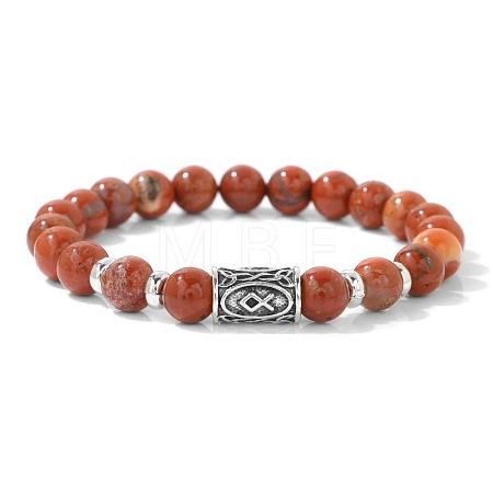 Alloy Nordic Viking Runes 8MM Natural Red Jasper Round Beaded Stretch Bracelets KW3210-22-1