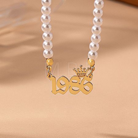 Alloy Crown Birth Year Pendant Imitation Pearl Round White Beaded Necklaces for Women FS-WG173C9-26-1