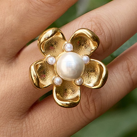 304 Stainless Steel Shell Beads Cuff Open Rings for Women RJEW-E301-01E-1
