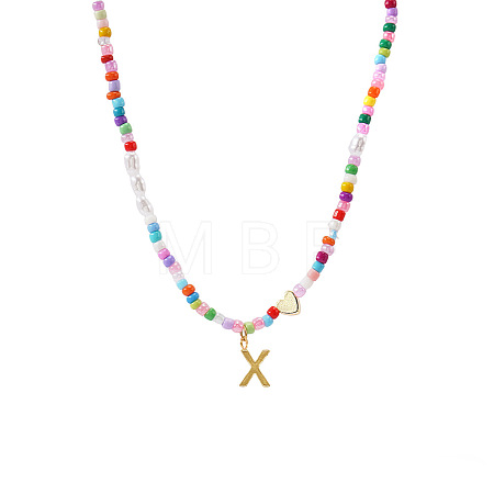 Colorful Beaded Heart Letter Necklace with Pearl Elements Stainless Steel Pendant Jewelry TR2146-24-1