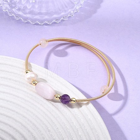 Round & Oval Natural Kunzite & Amethyst & Rose Quartz & Cultured Freshwater Pearl & Non-magnetic Synthetic Hematite Beaded Bangles BJEW-JB14080-02-1