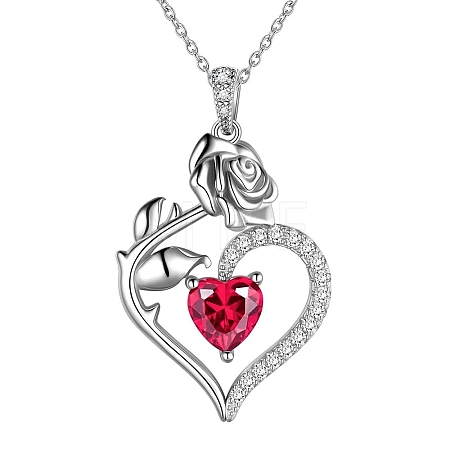 Rhodium Plated 925 Sterling Silver Pave Cubic Zirconia Rose Heart Birthstone Pendant Cable Chain Necklaces NJEW-H012-66B-1