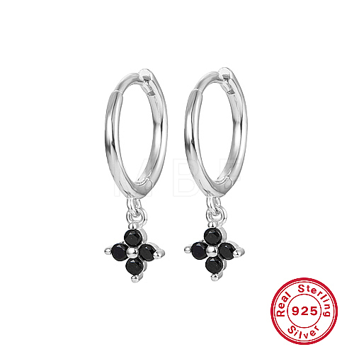 Anti-Tarnish Rhodium Plated Platinum 925 Sterling Silver Flower Dangle Hoop Earrings IN9619-05-1