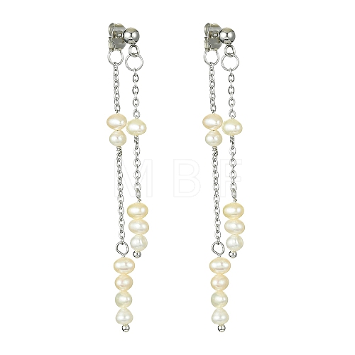 Natural Pearl Beaded Tassel Dangle Stud Earrings EJEW-JE05514-02-1