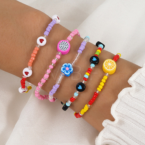 Candy-colored Heart Fruit Clay Beads Elastic Bracelet Set for Women and Kids (5 Pieces) ST1552540-1