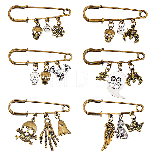 6Pcs 6 Style Skull & Wing & Witch Alloy Charms Safety Pin Brooch JEWB-PH01257-1