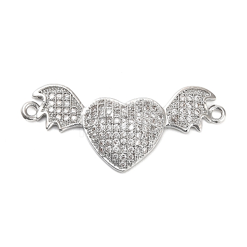 Brass Micro Pave Clear Cubic Zirconia Heart with Bat Wings Connector Charms KK-L229-053P-1