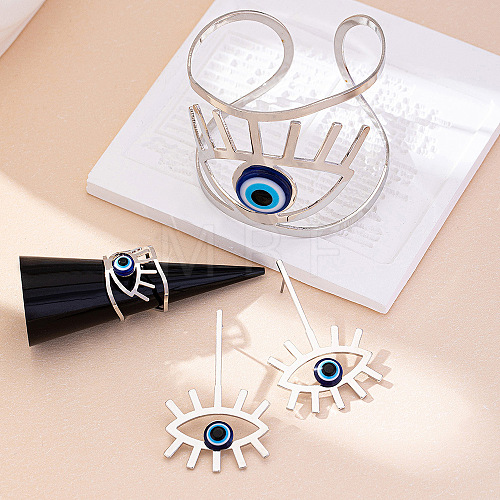 Hollow Out Evil Eye Alloy Resin Cuff Bangles & Cuff Rings & Stud Earrings Sets FS-WG3F92B-02-1