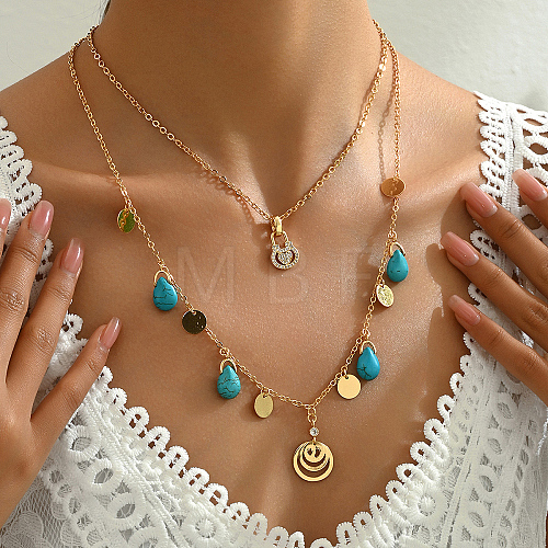 Natural Turquoise Teardrop Double Layer Necklaces AI9414-1