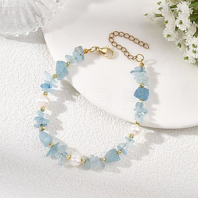 Raw Rough Natural Aquamarine Chip & Cultured Freshwater Pearl Beaded Bracelets for Women BJEW-JB13971-1