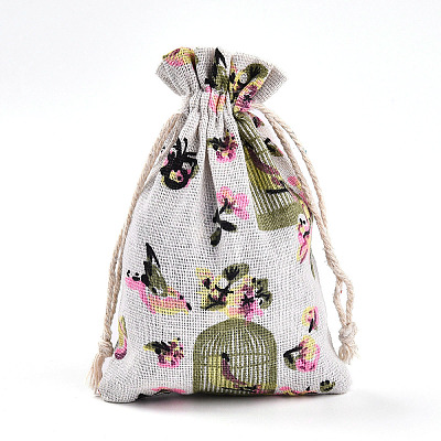 Butterfly & Birdcage Printed Polycotton(Polyester Cotton) Packing Pouches Drawstring Bags ABAG-T004-10x14-33-1