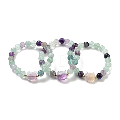 Round & Cat Head Natural Fluorite Beaded Stretch Bracelets for Women BJEW-K251-03E-1