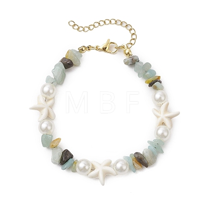 Starfish Synthetic Turquoise & Natural Flower Amazonite Chip Beaded Bracelets for Women BJEW-JB11264-04-1