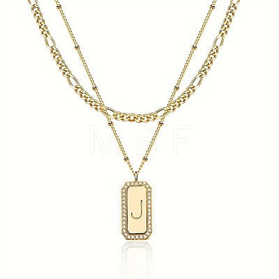 Brass Micro Pave Clear Cubic Zirconia Rectangle with Initial Pendant Double Layer Necklaces for Women FS-WG478B5-10-1