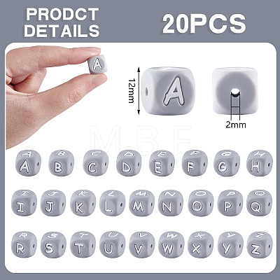 20Pcs Grey Cube Letter Silicone Beads 12x12x12mm Square Dice Alphabet Beads with 2mm Hole Spacer Loose Letter Beads for Bracelet Necklace Jewelry Making JX436O-1