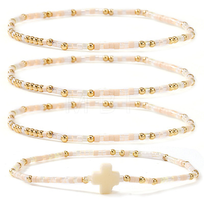 4Pcs Vintage Cylinder Seed Beads &  Brass Beaded Bracelet Sets VC6317-2-1