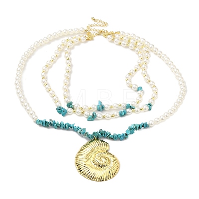 Boho Dyed Synthetic Turquoise Chip & Plastic Pearl Multi Layered Necklaces NJEW-U006-04A-G-1