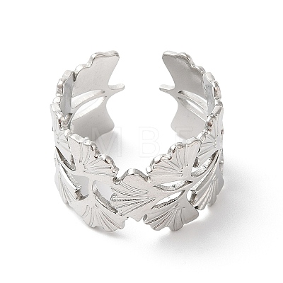 304 Stainless Steel Gingko Leaf Open Cuff Ring for Women RJEW-K245-42P-1