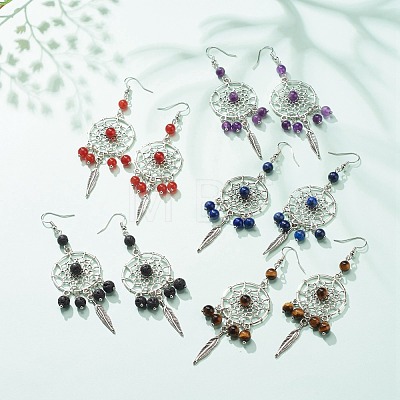 Natural Gemstone Woven Net with Feather Dangle Earrings EJEW-JE04967-1