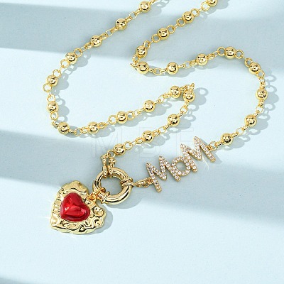 Mother's Day Brass Micro Pave Clear Cubic Zirconia Enamel Red Sacred Heart Mama Pendant Necklaces for Women NJEW-A071-12B-G-1