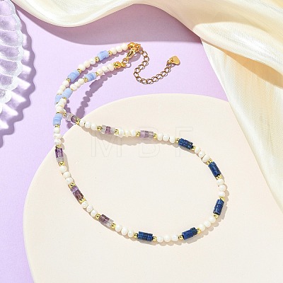Natural Amethyst & Lapis Lazuli & Synthetic Blue Lace Agate Heishi Beads and Natural Cultured Freshwater Pearl Rice Beaded Necklaces for Women NJEW-JN06294-02-1