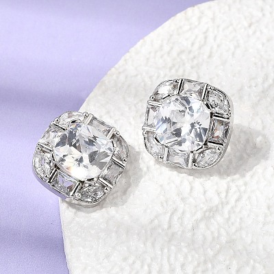Brass Pave Clear Cubic Zirconia & Glass Stud Earrings EJEW-G471-03P-01-1