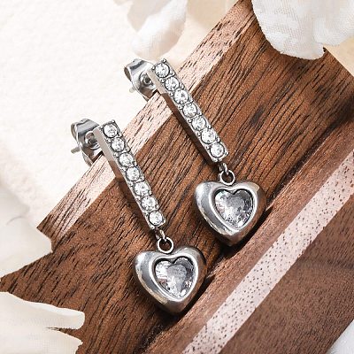 304 Stainless Steel Rhinestone Heart Dangle Stud Earrings EJEW-Q386-03P-1