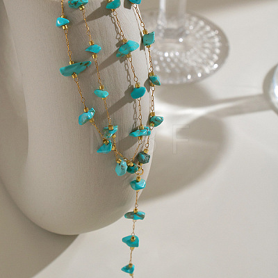 Synthetic Turquoise Chip 304 Stainless Steel Double Layer Hand Chain Ring Bracelets for Women HN5192-1