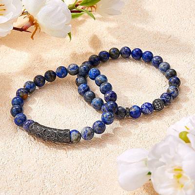 2Pcs 2 Style Natural Lapis Lazuli Stretch Bracelets Set BJEW-SW00098-1