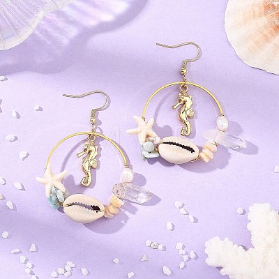 Alloy & Natural Shell & Natural Quartz Crystal & Natural Larimar & Synthetic Turquoise Dangle Earrings EJEW-JE07515-1