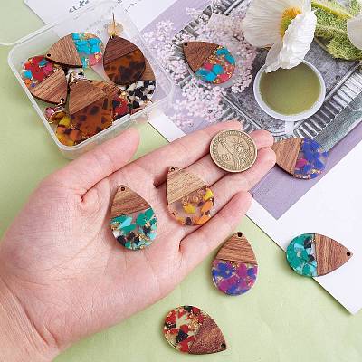 16Pcs 8 Styles Transparent Resin & Walnut Wood Pendants RESI-SZ0001-78-1