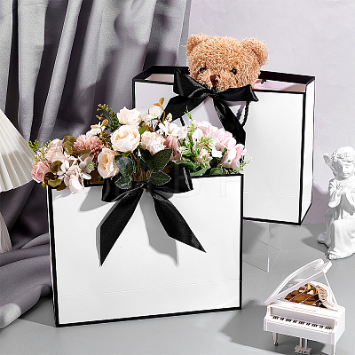 48Pcs Rectangle White Paper Gift Storage Handle Bags with Ribbons ABAG-WA0001-26B-1