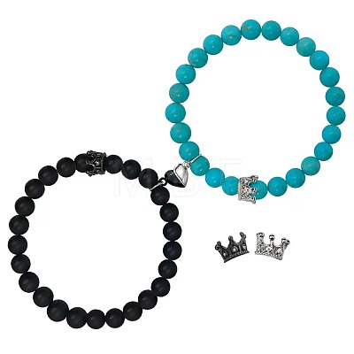 2Pcs Matching Natural Black Matte Stone & Synthetic TurquoiseRound Beads Stretch Bracelets PT6851-2-1