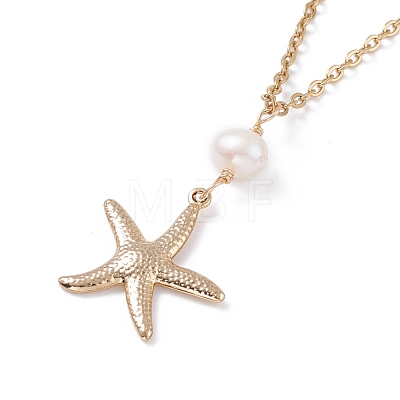 Starfish and Natural Pearl Beads Pendant Necklace for Summer Vacation NJEW-JN03744-01-1