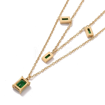 Green Glass Rectangle Charms Double Layer Necklace NJEW-C036-03G-1