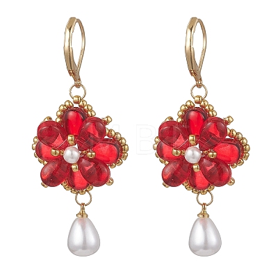 Flower with Teardrop Glass Beads Dangle Earrings EJEW-MZ00670-01-1