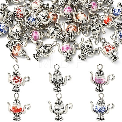 30Pcs 6 Styles Handmade Flower Printed Porcelain with Alloy Pendants PALLOY-YW00214-1